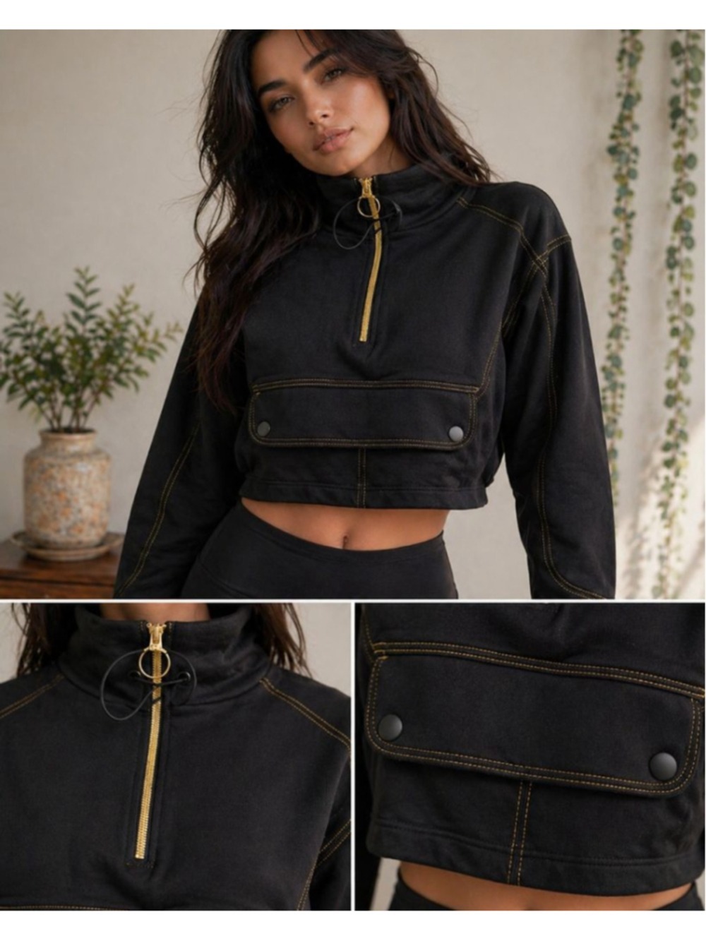 NWT Koral Escape Valo Sweatshirt S Black Cropped Gold Zip Utility Pocket